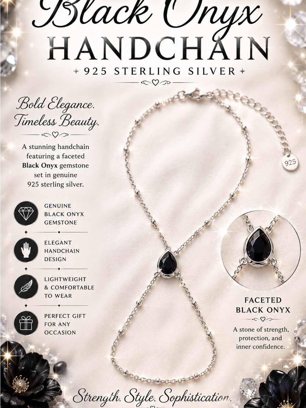 Black Onyx Handchain - Faceted Black Onyx Teardrop 925